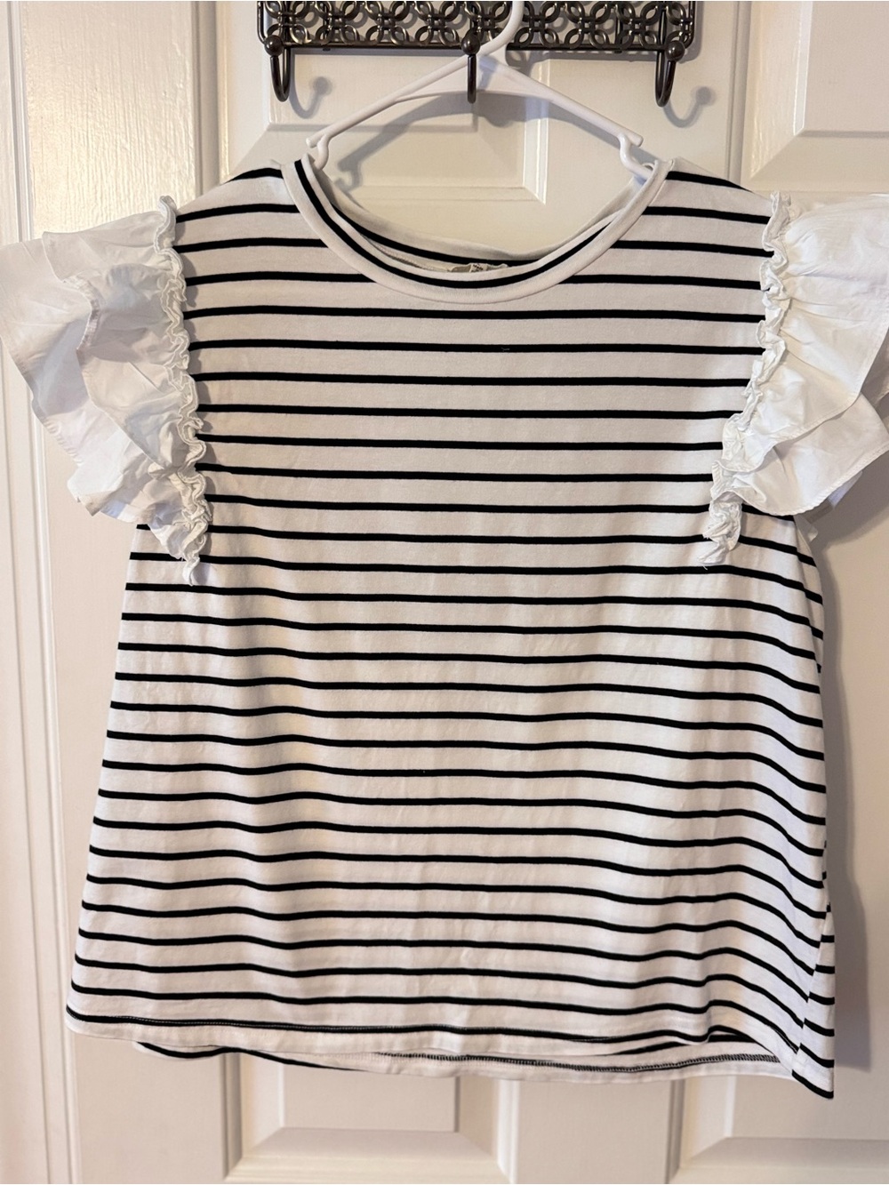 JODIFL White and Black Striped Ruffle Sleeve Tee